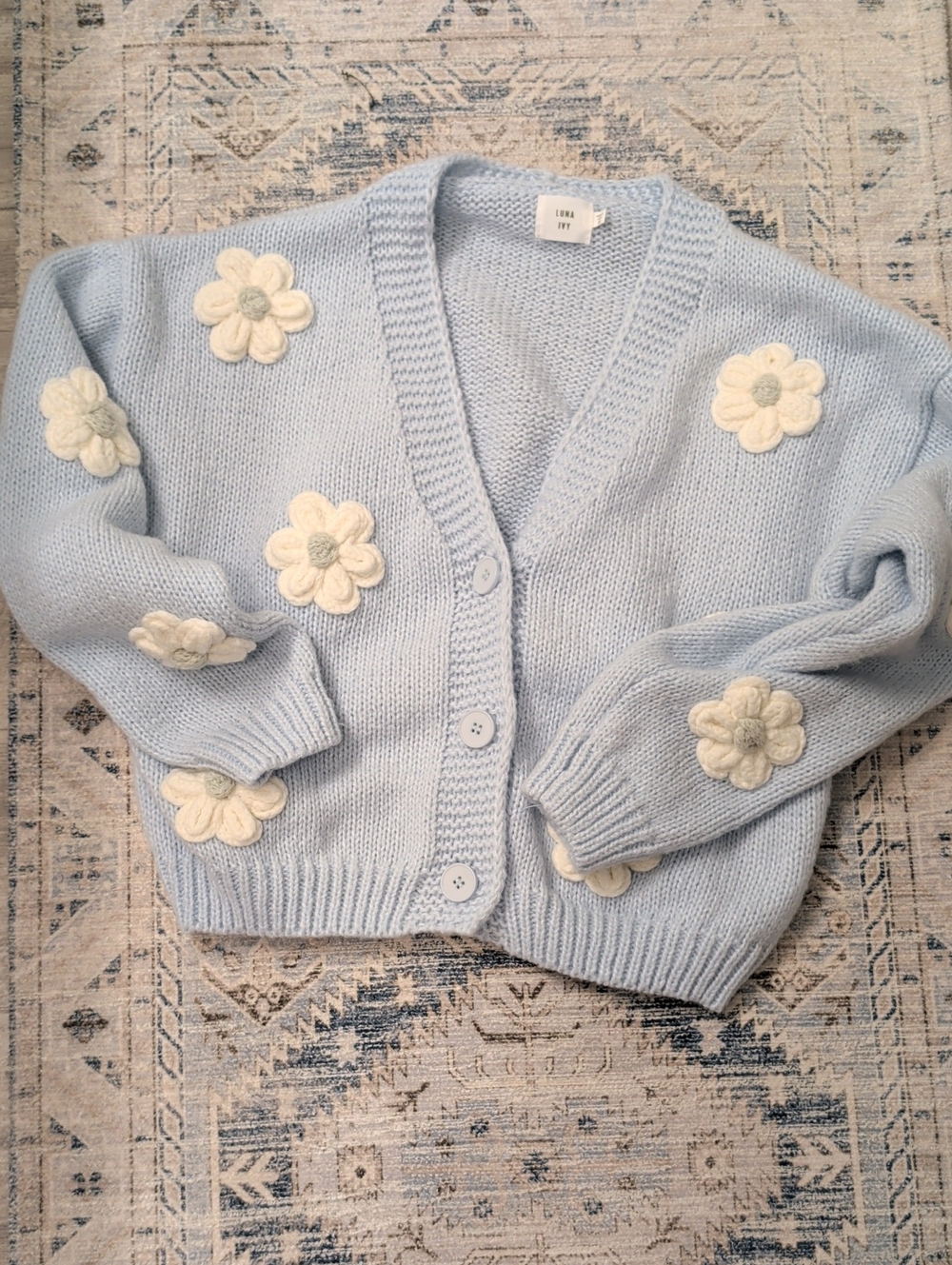 Luna Ivy Pastel Blue Knit Cardigan with Cream Daisy Appliqués